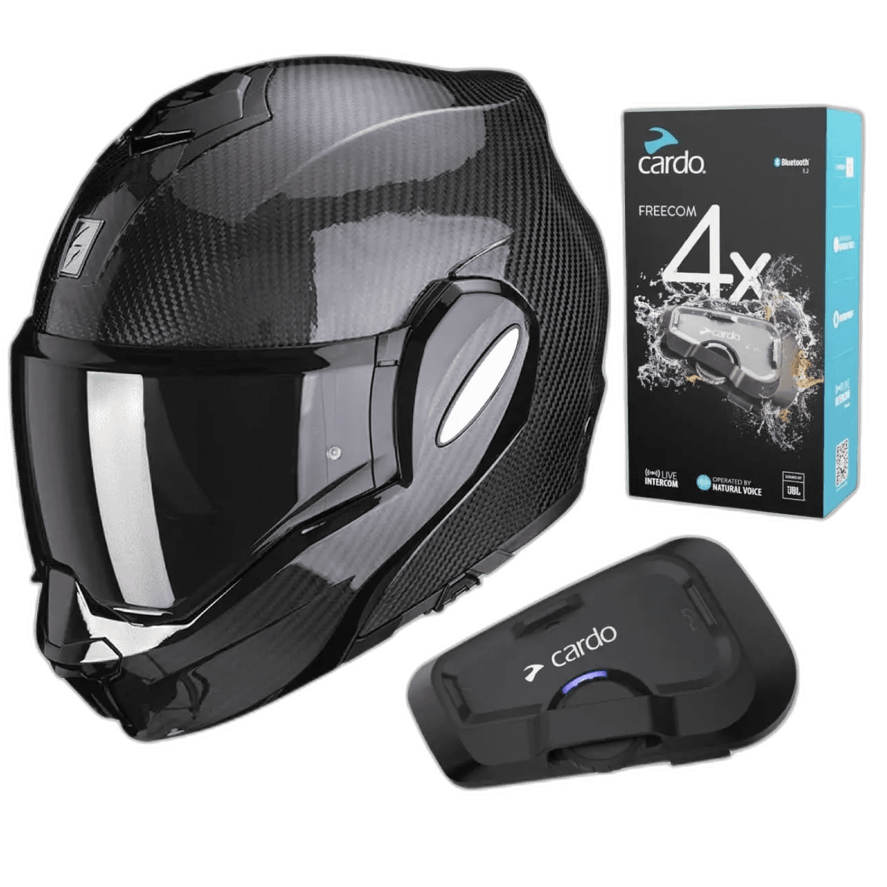 Scorpion Exo-Tech Evo Glossy Carbon + Cardo Freecom 4x