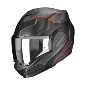 Een matzwarte motorhelm met rode accenten, de Scorpion Exo-Tech Evo Animo, ontworpen voor veelzijdig gebruik als jet- of integraalhelm.