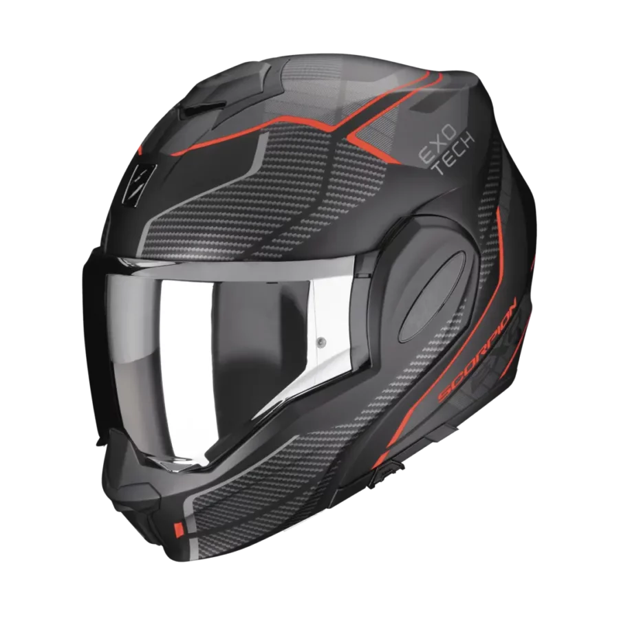 Een matzwarte motorhelm met rode accenten, de Scorpion Exo-Tech Evo Animo, ontworpen voor veelzijdig gebruik als jet- of integraalhelm.