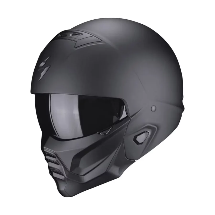 A matte black motorcycle helmet with a robust en tough design, de Scorpion  Exo-Combat II, suitable for an urban en edgy riding style.