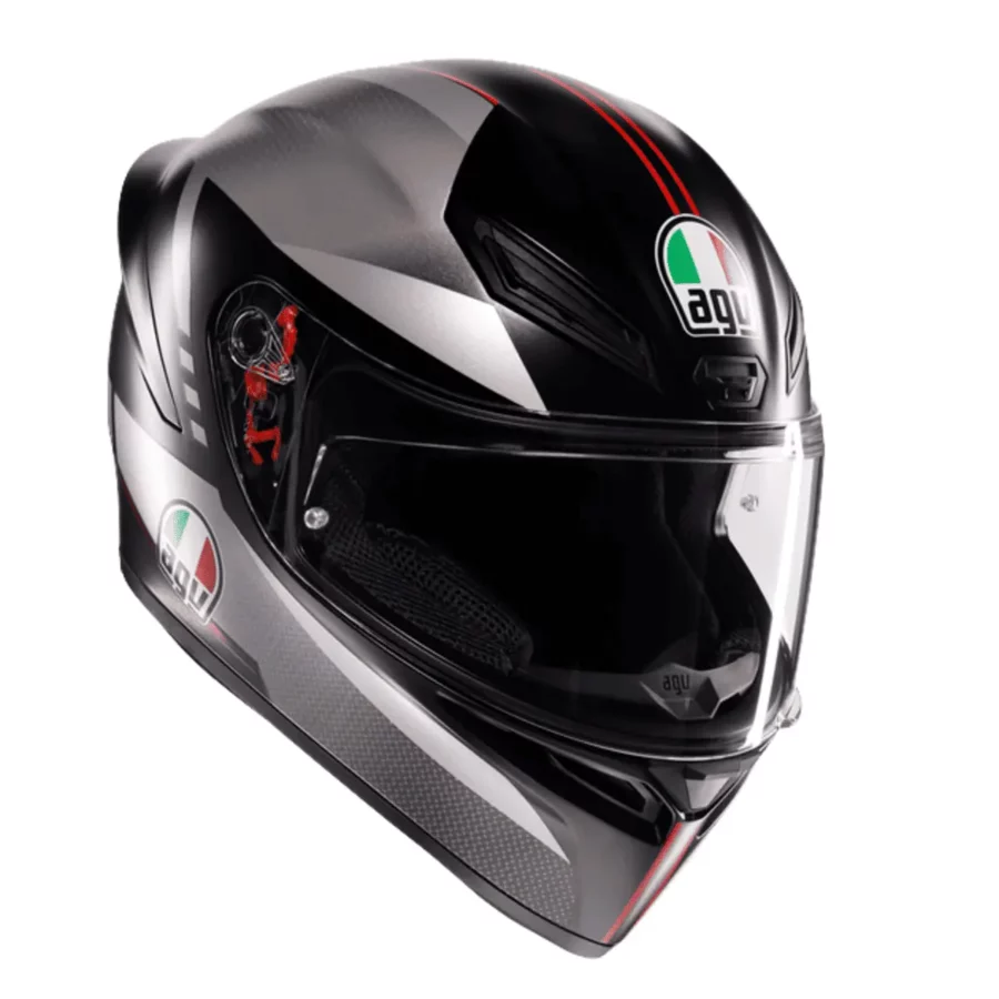 AGV K1 S Lap motorhelm in mat zwart, grijs en rood met sportief en aerodynamisch ontwerp.