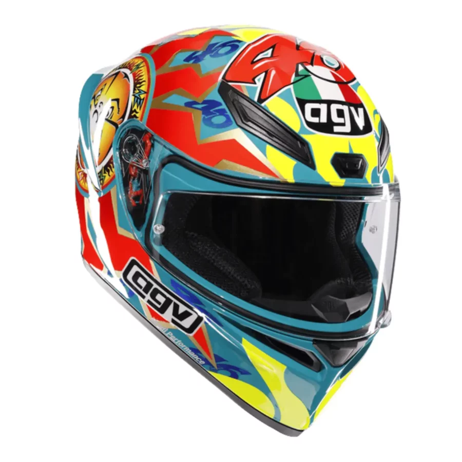 en Casco de moto AGV K1 S Rossi Mugello 1999 con diseño icónico inspirado en las carreras.
