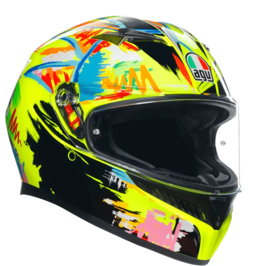 en Casque moto AGV K3 SV Rossi Winter Test 2019 avec visière solaire intégrée au design iconique.