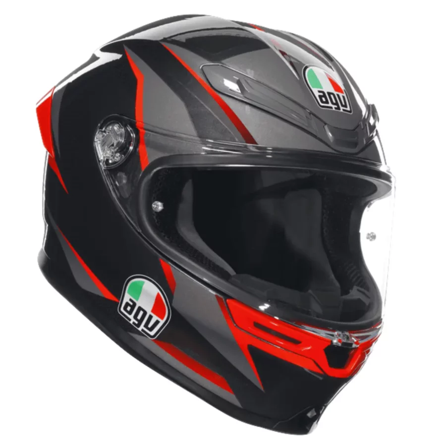 AGV K6 Slashcut motorhelm in zwart, grijs en rood met aerodynamisch ontwerp en hoogwaardige afwerking.
