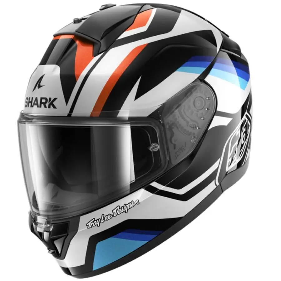 Shark  en Casque moto Ridill 2 Apex en noir blanc bleu avec visière solaire intégrée au design sportif.