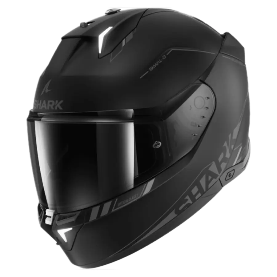 Shark Skwal i3 motorhelm in mat zwart met antraciet accenten, modern design en geïntegreerde LED-verlichting.