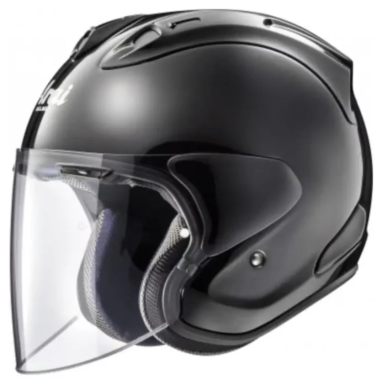 Arai SZ-R EVO motorhelm in glanzend zwart met premium design en open gezicht constructie voor comfort en veiligheid.