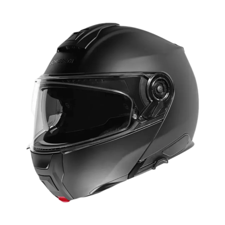 en Casque SCHUBERTH C5 en noir mat avec mentonnière rabattable et pare-soleil intégré.