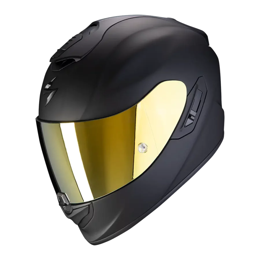 Scorpion  en Exo-1400 Evo II Air Motorradhelm in mattschwarz mit aerodynamischem Design und fortschrittlichen Eigenschaften.