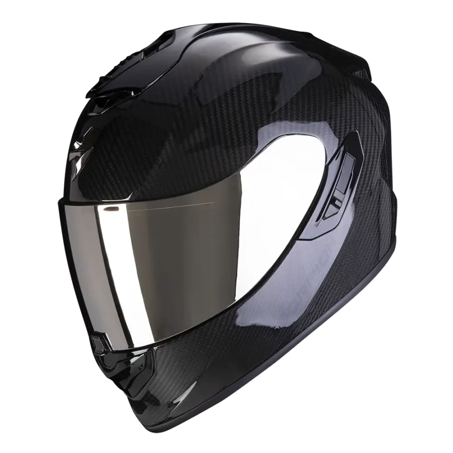 Scorpion  en Exo-1400 Evo II Carbon Air Motorradhelm in glänzendem Schwarz mit Premium-Carbon-Design und fortschrittlicher Technologie.