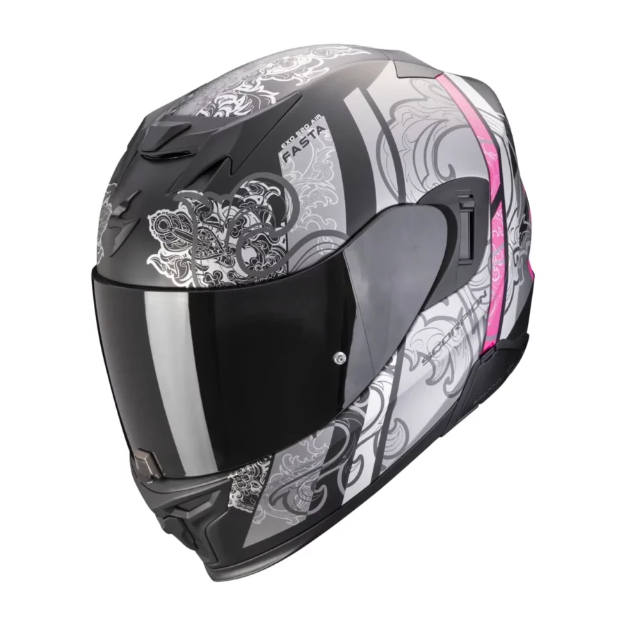 Een sportieve motorhelm in mat zwart, zilver en roze, de Scorpion Exo-520 Evo Air Fasta, ontworpen voor prestaties en een gedurfd design