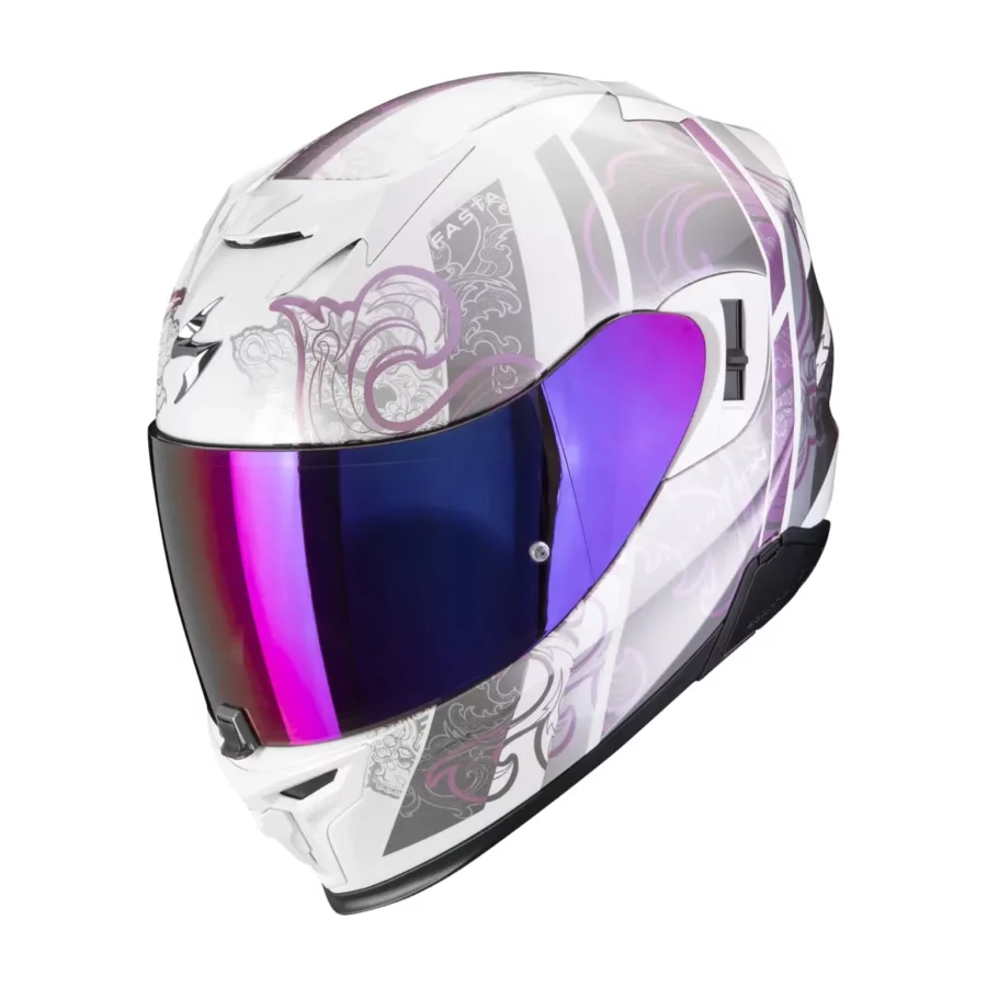 en  de Scorpion  en Un casque de moto sportif au design blanc violet, Exo-520 Evo Air Fasta, conçu pour des performances de confort.