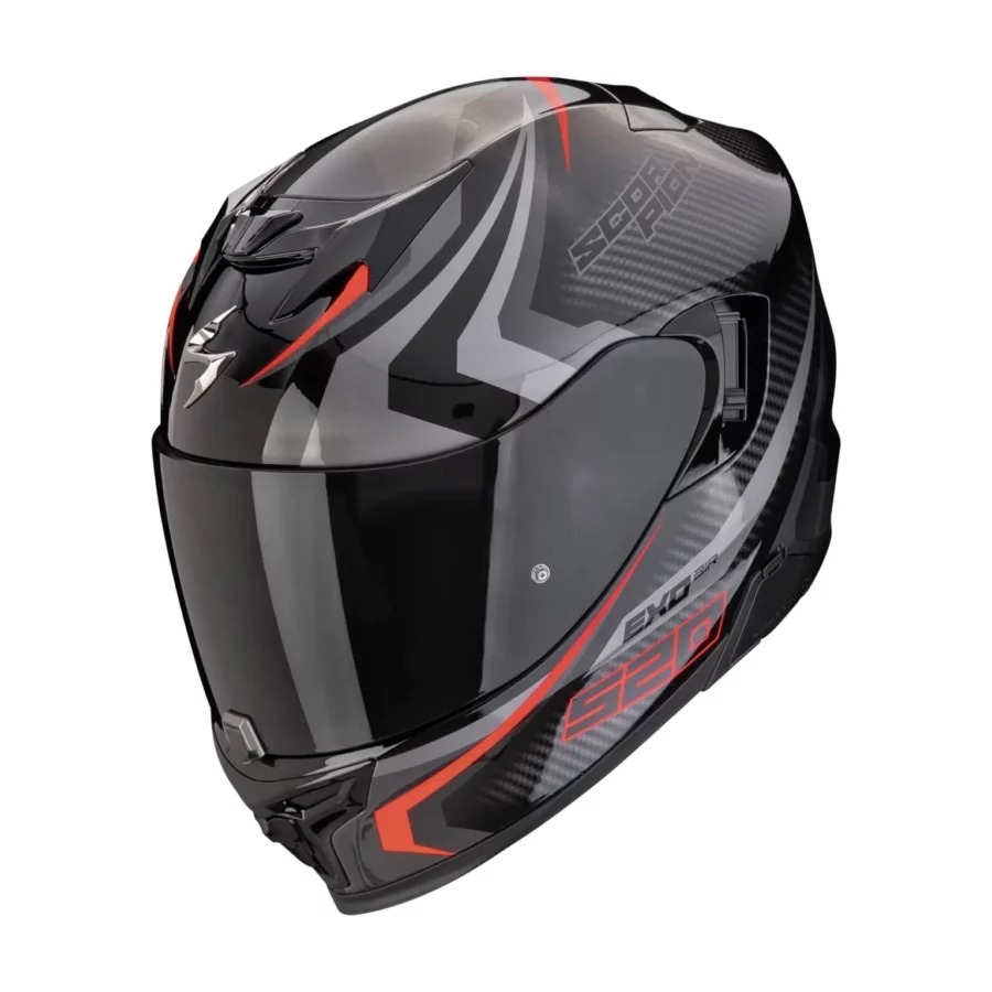 en  de Scorpion  en Der sportliche Motorradhelm Exo-520 Evo Air Terra in Schwarz, Silber und Rot wurde für einen leistungsstarken Stil entwickelt.