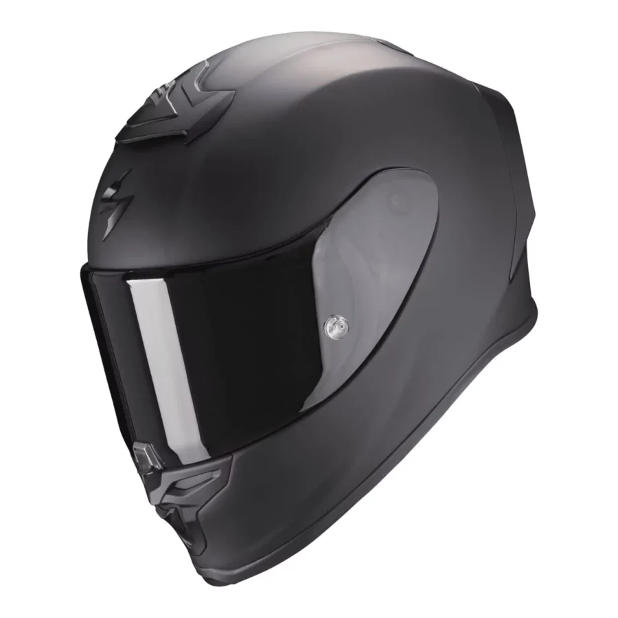 Een aerodynamische en hoogwaardige motorhelm in matzwart, de Scorpion Exo-R1 Evo, ontworpen voor sportieve rijders en optimale prestaties.