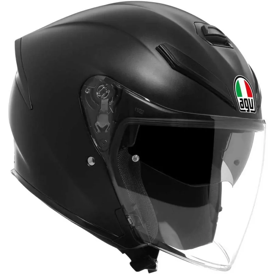 AGV K5 Jet Evo E2206 jethelm in Mono Mat Zwart met panoramisch vizier en strak design.