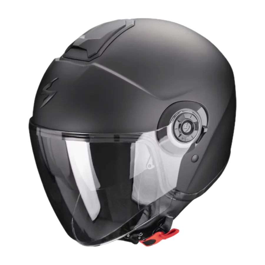 A matte black jet helmet with a minimalist en practical design, de Scorpion  Exo-City II, ideal for city traffic en short rides.
