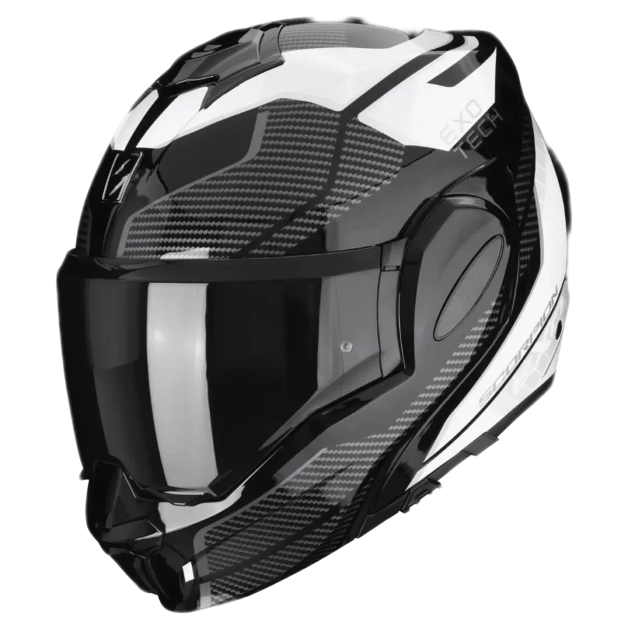 Scorpion  en Casque de moto Exo-Tech Evo en noir et blanc avec design Animo et système d'ouverture à l'avant.