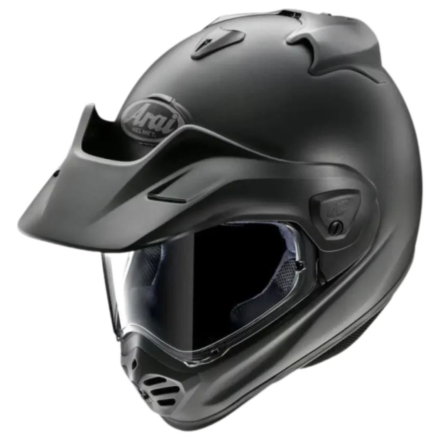 Arai Tour X5 motorhelm in mat zwart met veelzijdig design, geschikt voor off-road en toerritten.