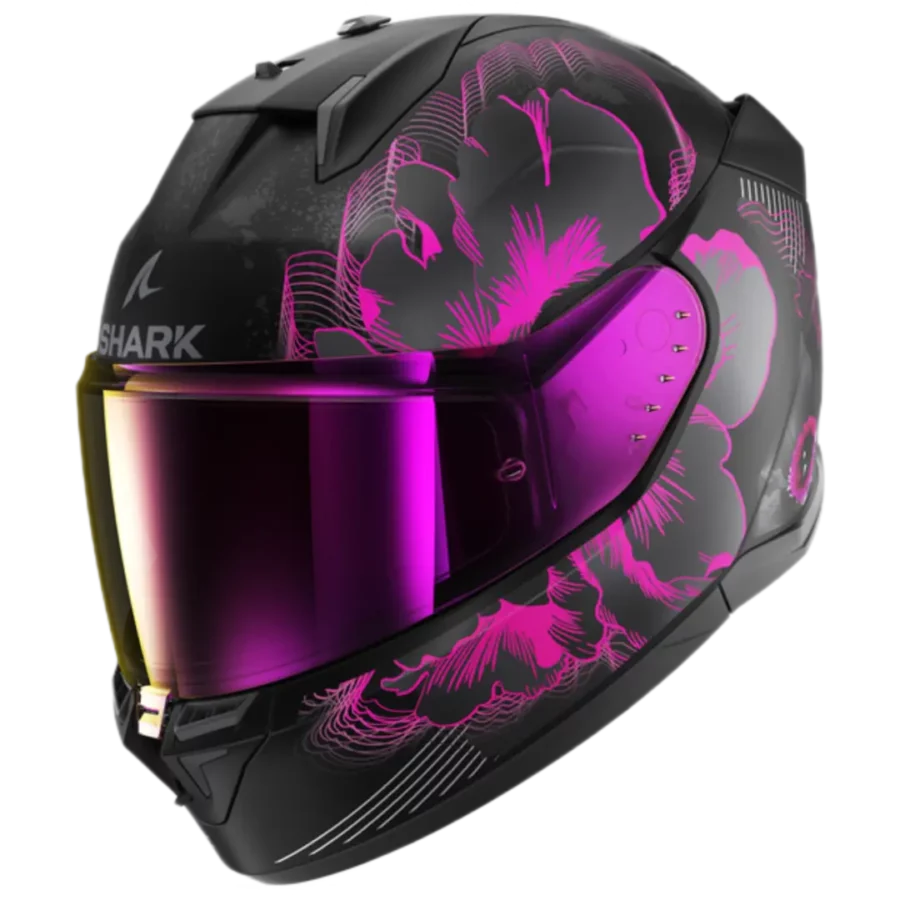 Shark D-Skwal 3 Mayfer motorhelm in mat zwart met paarse en antraciet accenten, modern en aerodynamisch design.