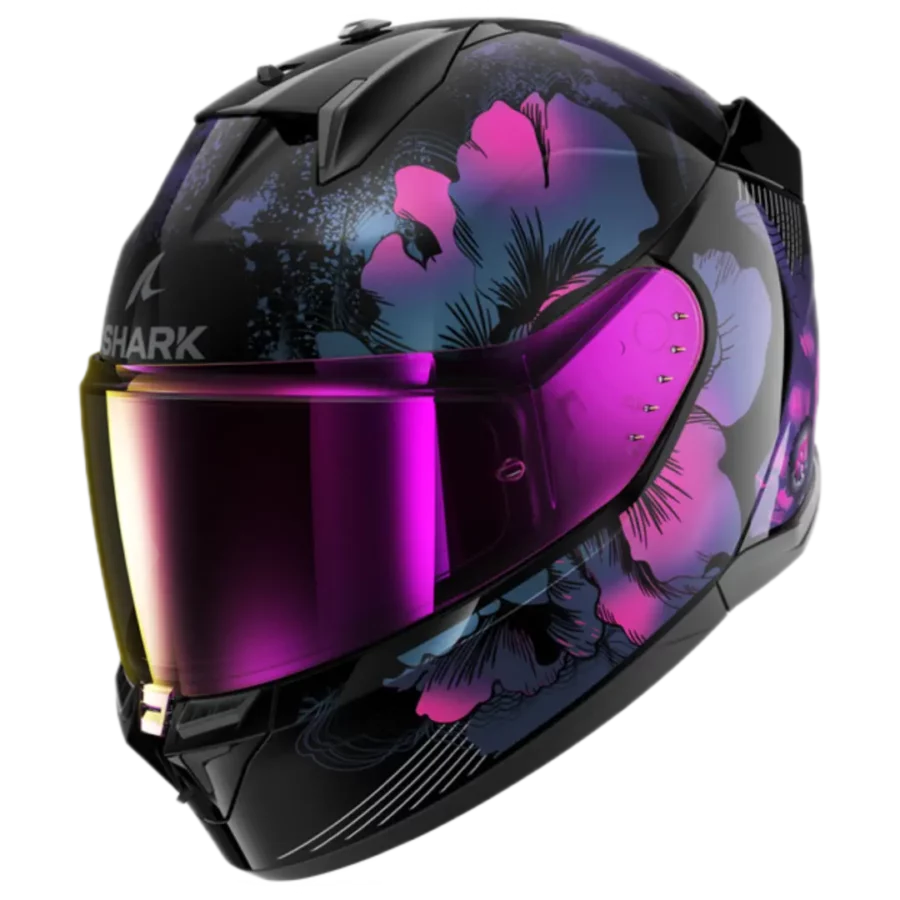 Shark D-Skwal 3 Mayfer motorhelm in zwart met paarse glitter accenten en modern design.