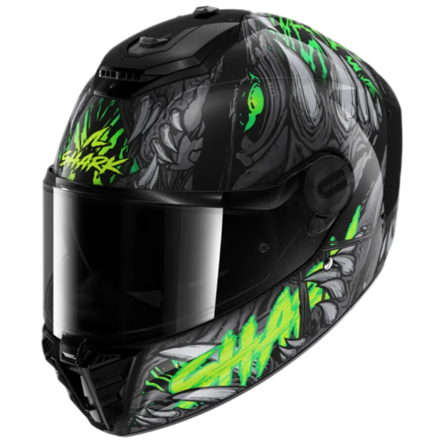 Shark Spartan RS Shaytan motorhelm in zwart, groen en antraciet met aerodynamisch design en geïntegreerd zonnevizier.