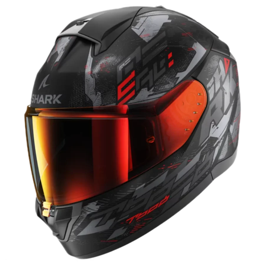 Shark Ridill 2 motorhelm in mat zwart met antraciet en rode accenten, sportief design en comfortabele pasvorm.