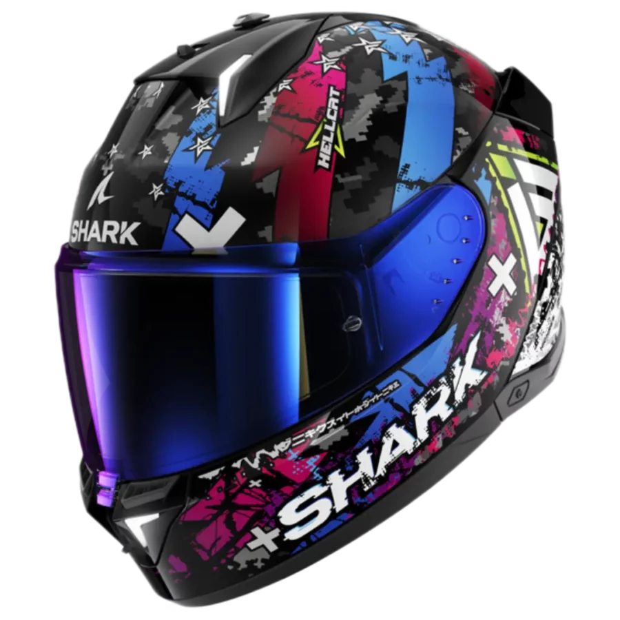 Shark  en Casque de moto Skwal i3 Hellcat en noir avec des accents bleus chromés, design moderne, éclairage LED intégré.