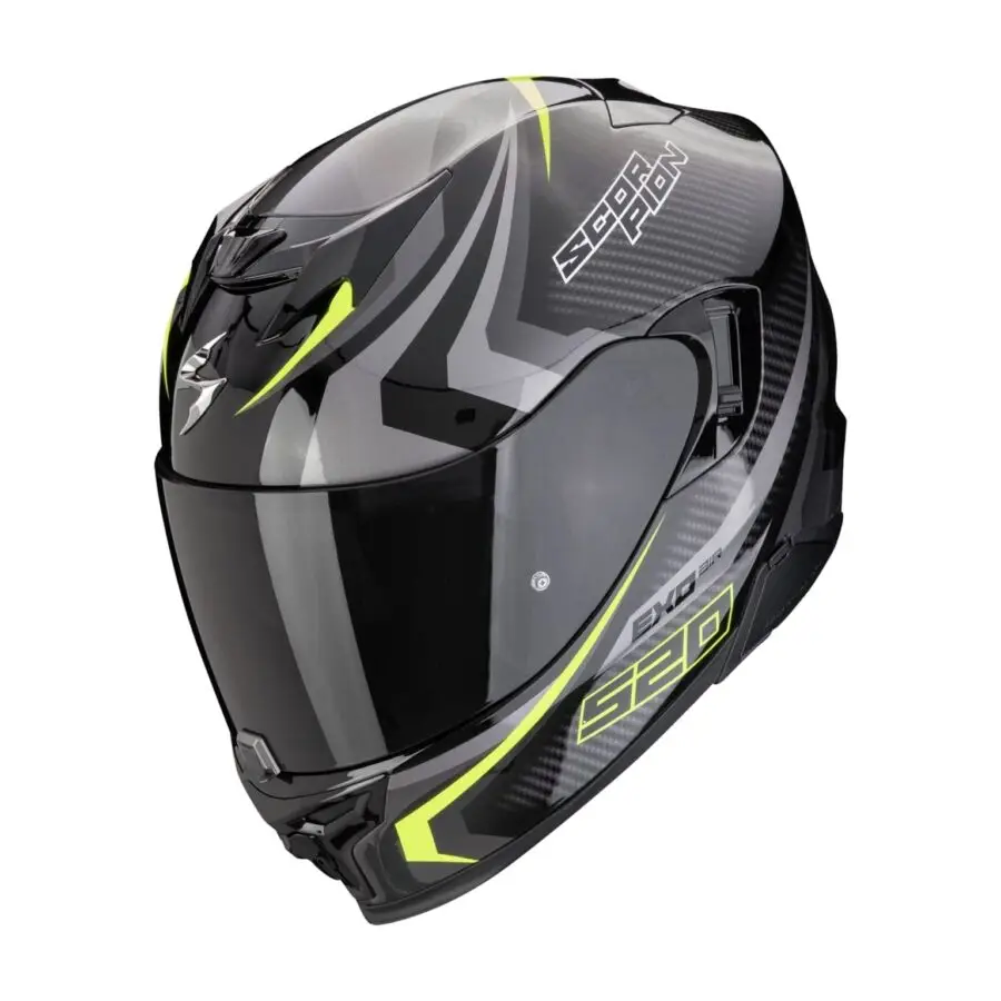 en  de Scorpion  en Ein sportlicher Motorradhelm in Schwarz, Silbergelb, Exo-520 Evo Air Terra, entwickelt für Leistung mit auffälligem Stil.