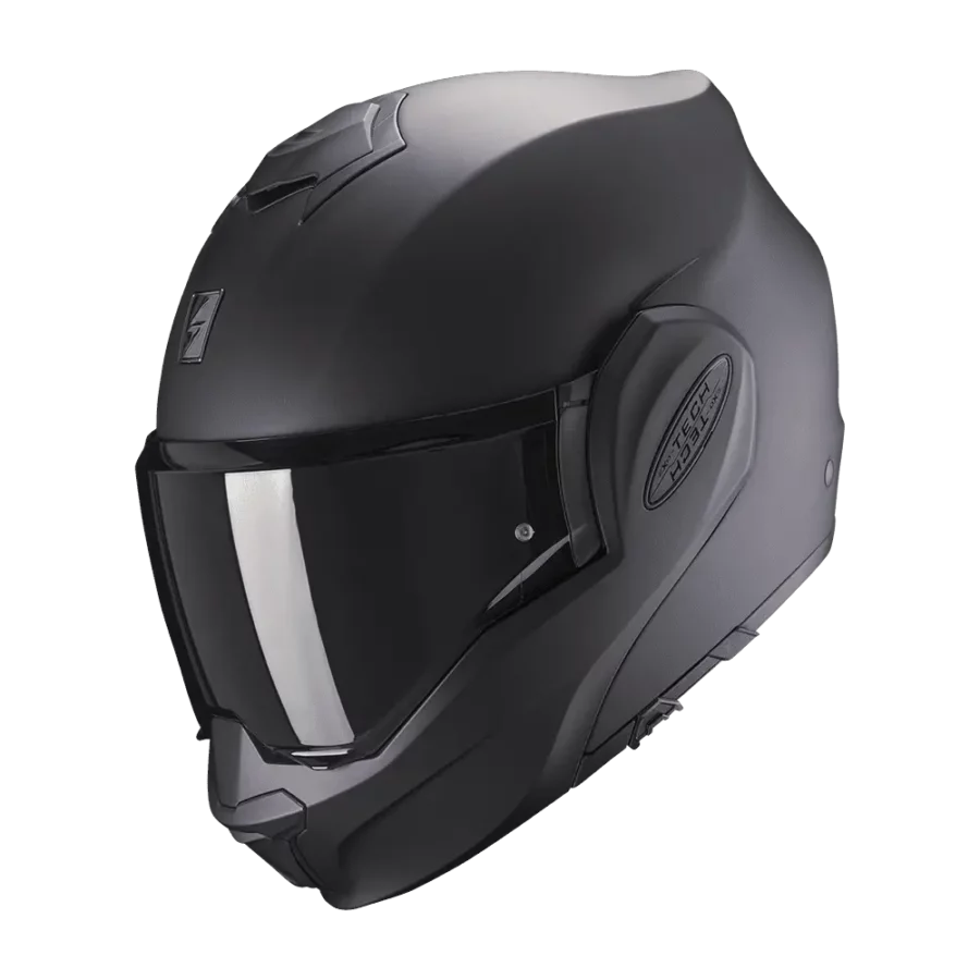 Scorpion Exo-Tech Evo motorhelm in mat zwart met innovatief design en veelzijdige functies.