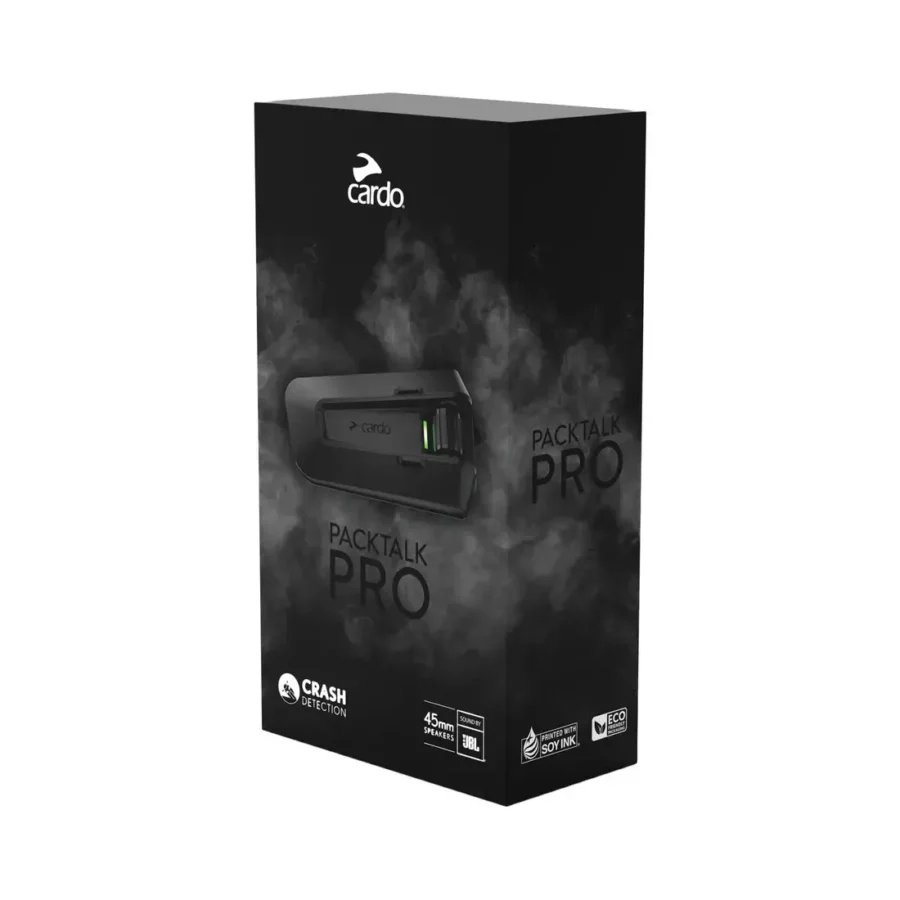 Packtalk PRO motor communicatiesysteem met JBL-geluid, spraakbediening en waterbestendige functies, ideaal voor groepsritten tot 15 rijders.