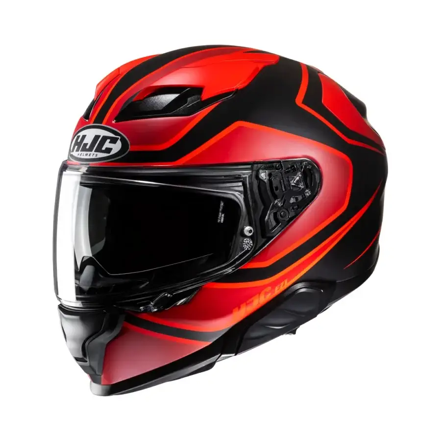 HJC F71 Idle integraalhelm in zwart en rood met geïntegreerd zonnevizier en sportief ontwerp.