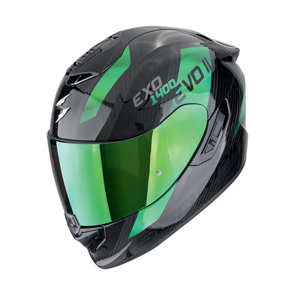 Scorpion Exo-1400 Evo II Carbon Air Platted Black-Green motorhelm met carbon constructie en aerodynamisch ontwerp