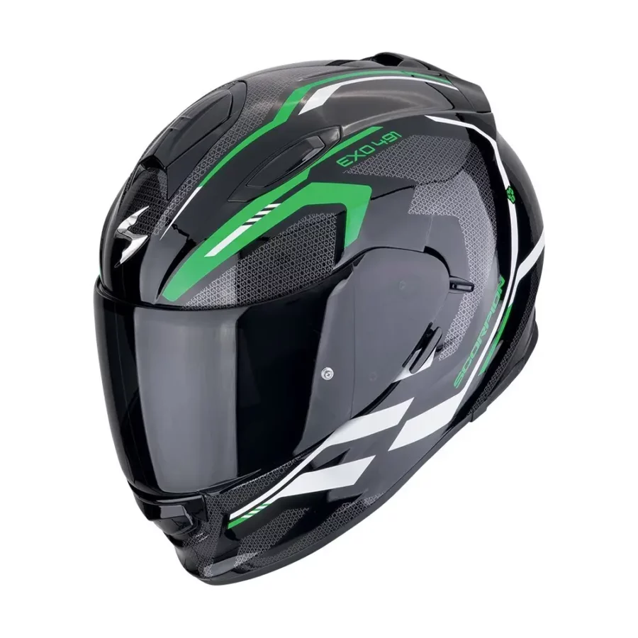 Een motorhelm in zwart, groen en wit, de Scorpion Exo-491 Kripta, met een sportief ontwerp en geavanceerde bescherming voor rijders.