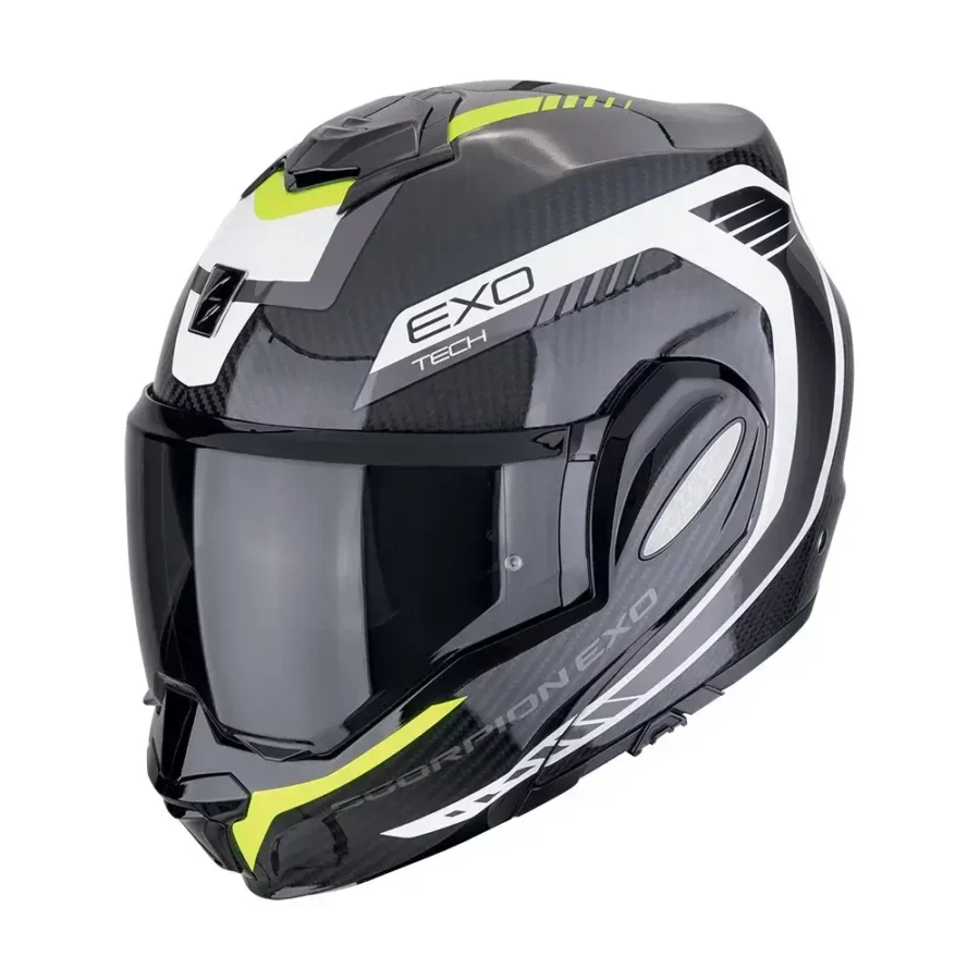 Scorpion Exo-Tech Evo Carbon Cosy Black-Neon Yellow motorhelm met carbon constructie en modulaire functionaliteit