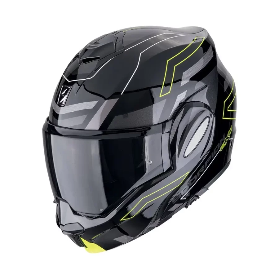 Scorpion Exo-Tech Evo Conquer Black-Neon Yellow motorhelm met modulaire functionaliteit en opvallend ontwerp