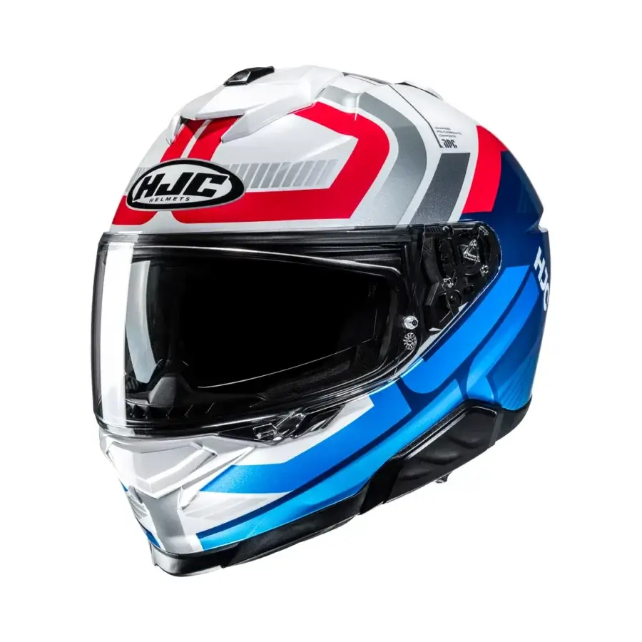 HJC i71 integraalhelm in blauw en rood met sportief design en geïntegreerd zonnevizier.