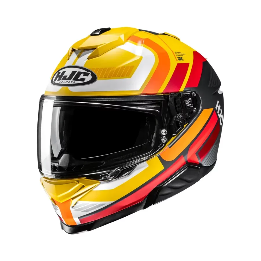 HJC i71 integraalhelm in geel en rood met opvallend design en geïntegreerd zonnevizier.