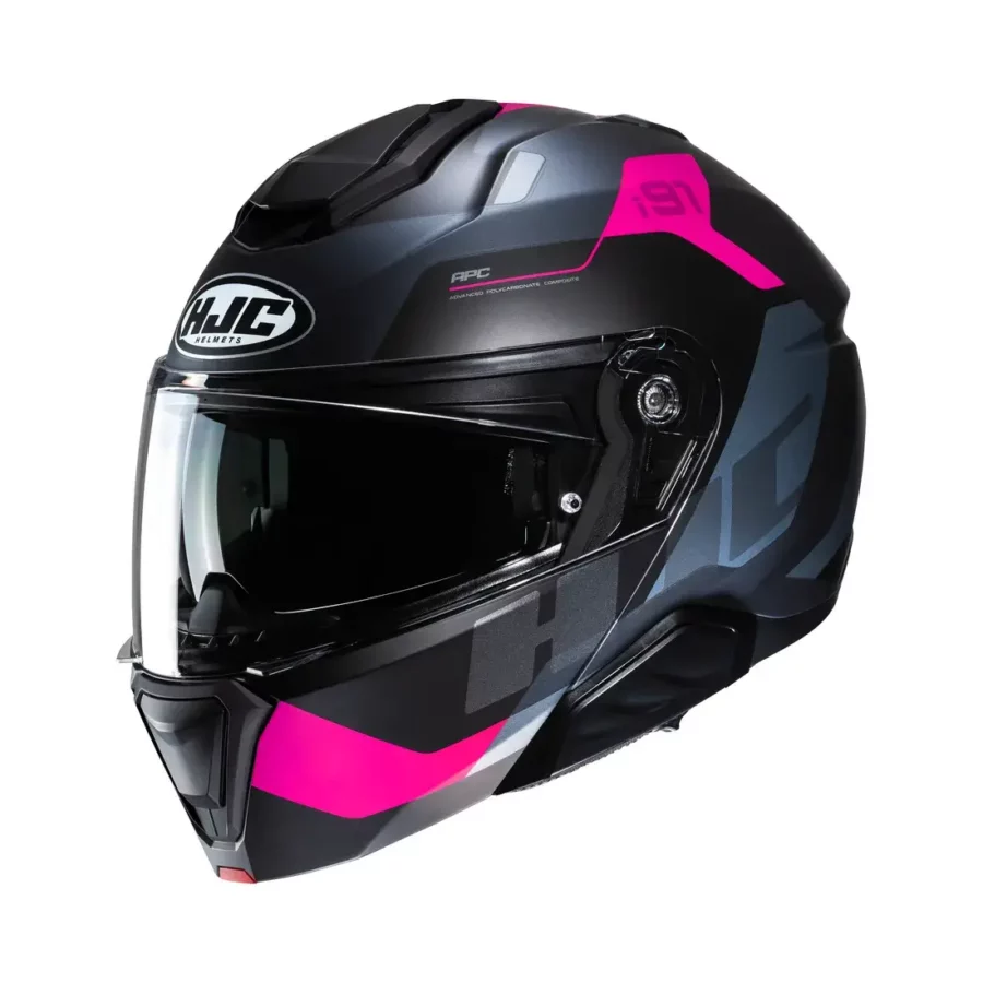 en  en Casque HJC i91 Carst system en noir rose avec visière intégrée et mentonnière rabattable.