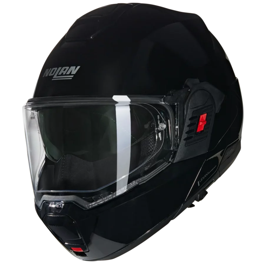 Nolan N120‑1 glans zwart opengeklapt met achtergeklapte kinbescherming