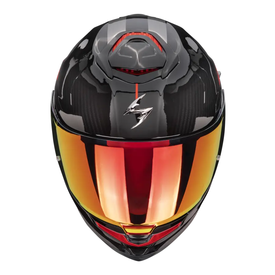 Scorpion EXO-GT SP Air Asphalt Black Silver motorhelm, voorzijde met logo en rood vizier