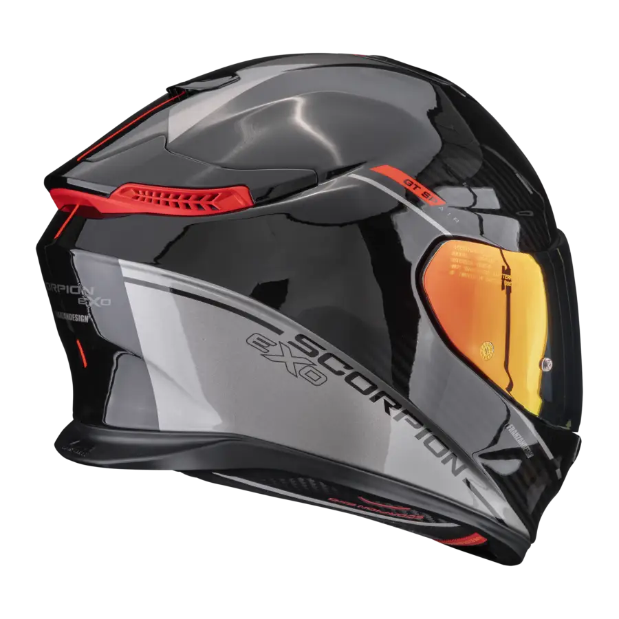Scorpion EXO-GT SP Air Asphalt Black Silver motorhelm, zijaanzicht met Scorpion EXO-logo