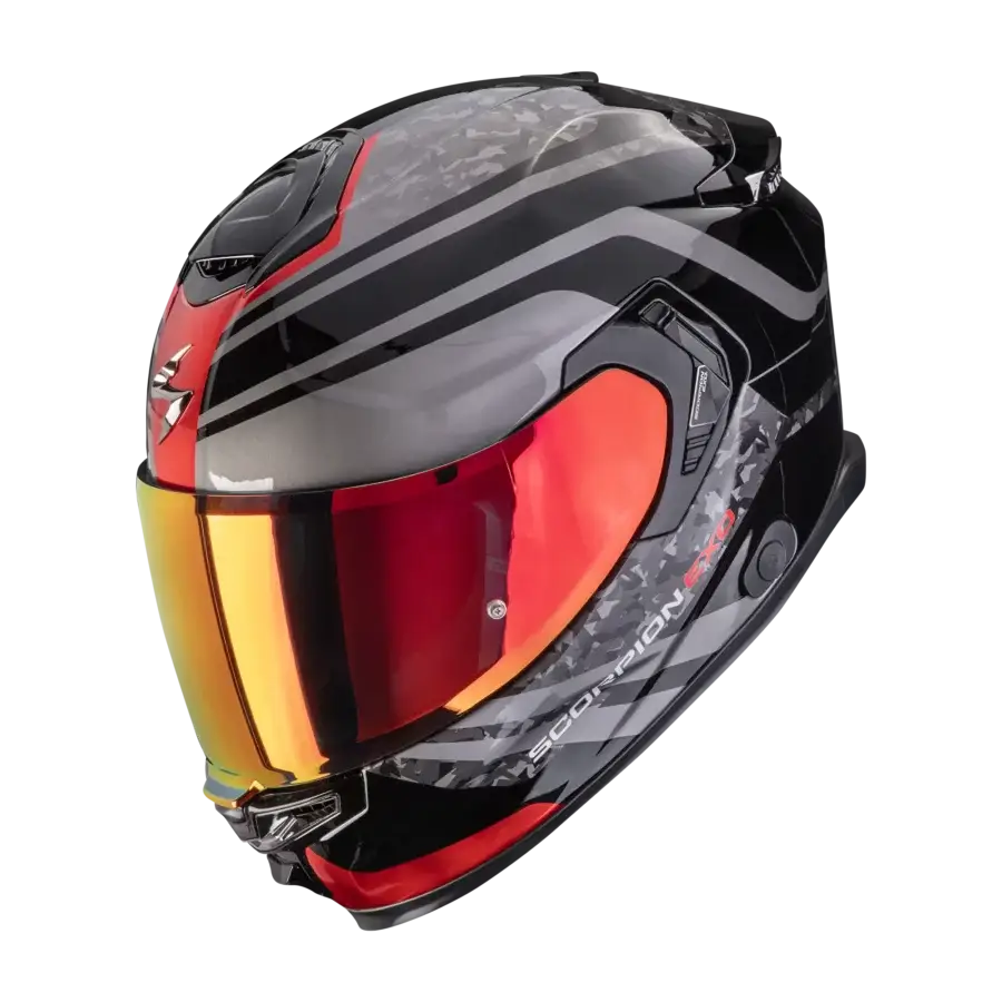 Scorpion EXO-GT SP Air Arten motorhelm, schuin zijaanzicht met rood vizier