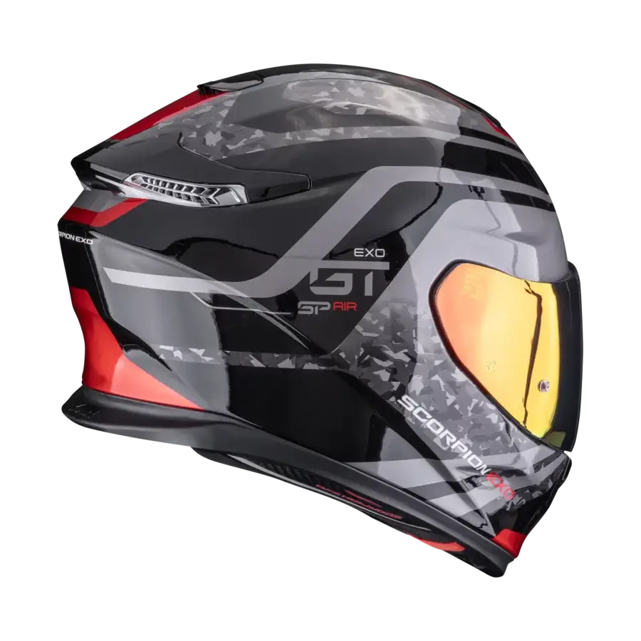 Scorpion EXO-GT SP Air Arten motorhelm, schuin vooraanzicht met rood vizier en grafische accenten
