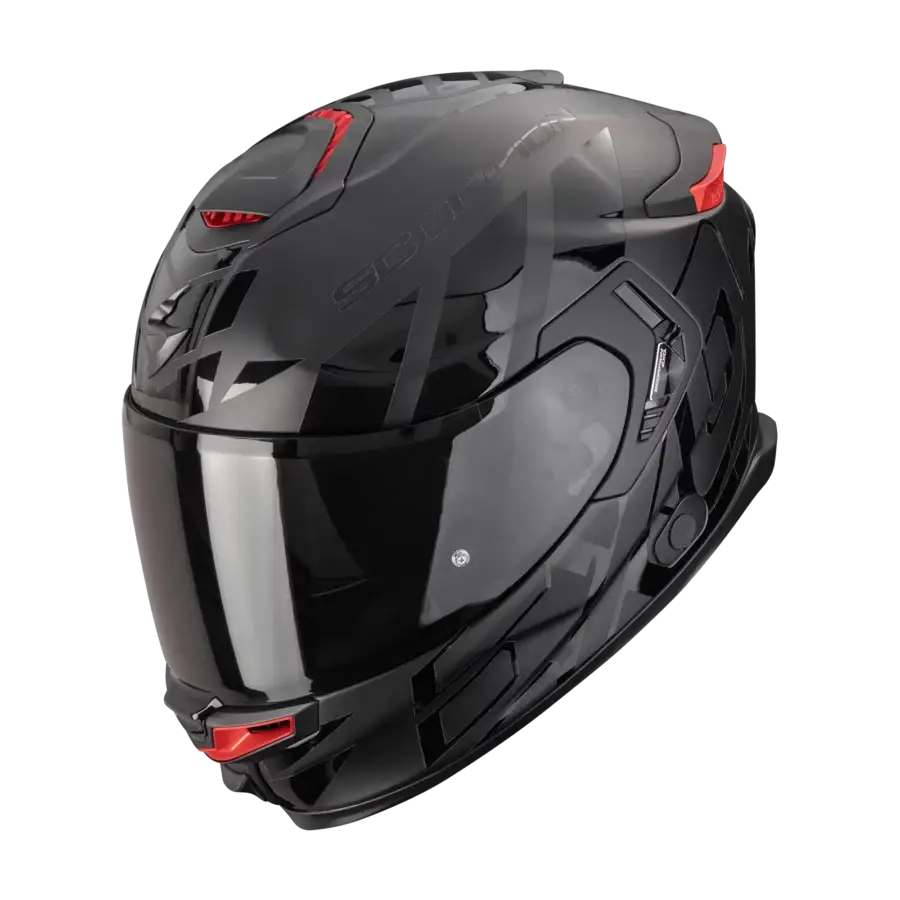 Scorpion EXO-GT SP Air Noble Matt Black Casque de moto noir avec visière rouge, vue frontale inclinée